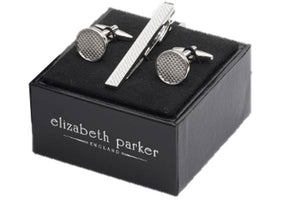 Round plain metal cufflinks with textured centre and matching tie clip by Elizabeth Parker