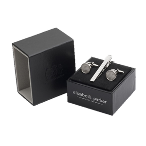Round plain metal cufflinks with textured centre and matching tie clip by Elizabeth Parker