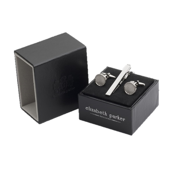 Round plain metal cufflinks with textured centre and matching tie clip by Elizabeth Parker